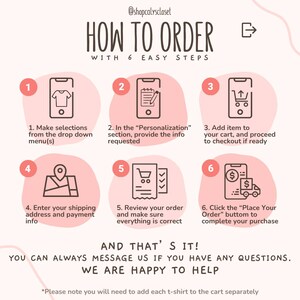 Peut inclure: Graphique rose expliquant comment commander en 6 &eacute;tapes simples. Le texte indique &laquo;&nbsp;COMMENT COMMANDER EN 6 &Eacute;TAPES SIMPLES&nbsp;&raquo;. Les &eacute;tapes incluent la s&eacute;lection d'articles, la personnalisation et l'achat.
