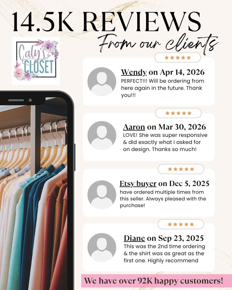 May include: A smartphone displays customer reviews, with text reading "14.5K REVIEWS From our clients." The reviews are positive, with 5-star ratings. The image also shows a clothing rack with colorful shirts and the text "Caly's Closet."