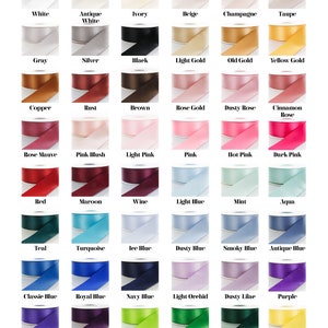 May include: A color chart showing 36 different sash colors. The colors are arranged in rows and columns, with each color labeled with its name. The colors include white, ivory, beige, champagne, taupe, gray, silver, black, light gold, old gold, yellow gold, copper, rust, brown, rose gold, dusty rose, cinnamon rose, rose mauve, pink blush, light pink, pink, hot pink, dark pink, red, maroon, wine, light blue, mint, aqua, teal, turquoise, ice blue, dusty blue, smoky blue, antique blue, classic blue, royal blue, navy blue, light orchid, dusty lilac, purple, regal purple, plum, apple green, emerald, hunter green, lemon, yellow, light peach, peach, light coral, orange, and truffle.