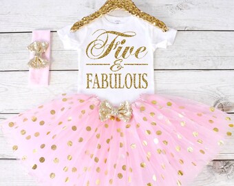 Five and Fabulous. Girls Birthday Outfit. Tutu Set. Girl's 5th Birthday Tutu Outfit. Birthday Outfit Girl. Girl Outfit S6 5BD (LIGHTP)