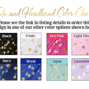 Puede incluir: Carta de colores que muestra diferentes colores de tela de tul con lunares dorados. Los colores son negro, blanco, rosa fuerte, rosa claro, azul marino, azul real, aguamarina y lavanda.