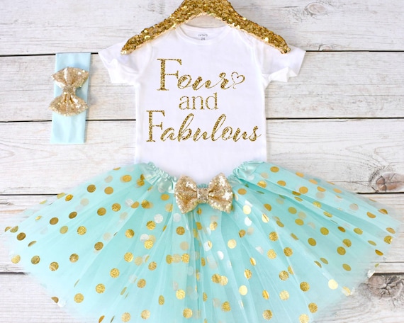 Four and Fabulous. CUSTOM AGE. Girls Birthday Outfit. Tutu Set. Birthday Shirt Tutu Outfit. Birthday Outfit Girl. 4th birthday S4 4BD (AQUA)