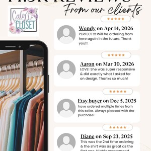 Peut inclure: Capture d'&eacute;cran d'un smartphone affichant des avis clients, avec le texte "14.5K REVIEWS From our clients." Les avis sont de Wendy, Aaron et Etsy buyer. Le logo Caly's Closet est en haut &agrave; gauche. On voit aussi des chemises color&eacute;es.