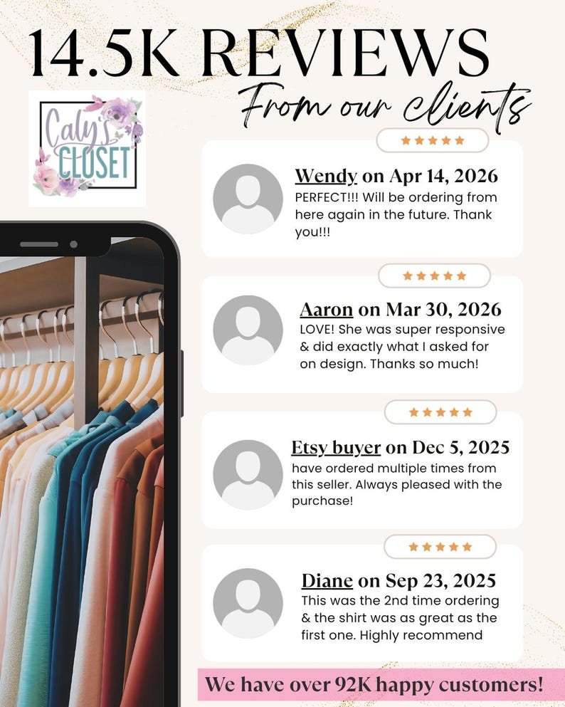 Peut inclure: Capture d'&eacute;cran d'un smartphone affichant des avis clients, avec le texte "14.5K REVIEWS From our clients." Les avis sont de Wendy, Aaron et Etsy buyer. Le logo Caly's Closet est en haut &agrave; gauche. On voit aussi des chemises color&eacute;es.