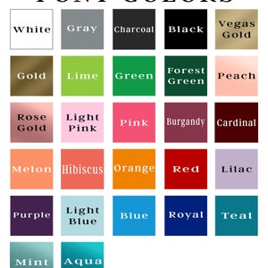 K&ouml;nnte beinhalten: Eine Tabelle mit 25 verschiedenen Farbmustern, wobei der Name jeder Farbe unter dem Muster steht. Die Farben umfassen Wei&szlig;, Grau, Anthrazit, Schwarz, Vegas Gold, Gold, Limette, Gr&uuml;n, Waldgr&uuml;n, Pfirsich, Ros&eacute;gold, Hellrosa, Rosa, Burgunder, Kardinal, Melone, Hibiskus, Orange, Rot, Lila, Lila, Hellblau, Blau, Royalblau, T&uuml;rkis, Minze und Aqua.