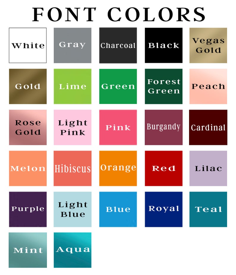 K&ouml;nnte beinhalten: Eine Tabelle mit 25 verschiedenen Farbmustern, wobei der Name jeder Farbe unter dem Muster steht. Die Farben umfassen Wei&szlig;, Grau, Anthrazit, Schwarz, Vegas Gold, Gold, Limette, Gr&uuml;n, Waldgr&uuml;n, Pfirsich, Ros&eacute;gold, Hellrosa, Rosa, Burgunder, Kardinal, Melone, Hibiskus, Orange, Rot, Lila, Lila, Hellblau, Blau, Royalblau, T&uuml;rkis, Minze und Aqua.