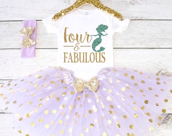 Mermaid Birthday. Four and Fabulous. CUSTOM AGE. Girls Birthday Outfit. Tutu Set. Birthday Shirt. Birthday Outfit Girl. S10 4BD (LAV)