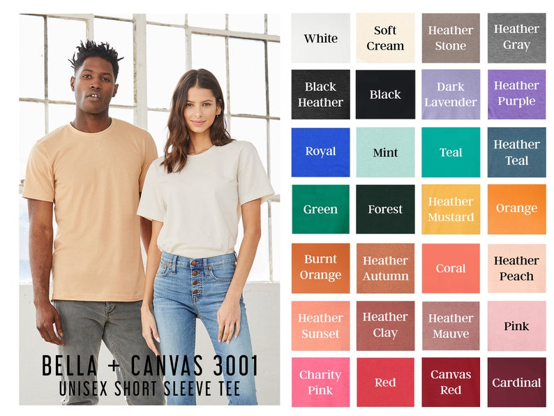 Pu&ograve; includere: Una maglietta a maniche corte unisex Bella + Canvas 3001 in una variet&agrave; di colori. I colori includono bianco, crema, pietra, grigio, nero melange, nero, lavanda scuro, viola melange, blu reale, menta, verde acqua, verde acqua melange, verde, bosco, senape melange, arancione, arancione bruciato, autunno melange, corallo, pesca melange, tramonto melange, argilla melange, malva melange, rosa, rosa carit&agrave;, rosso, rosso tela e cardinale.
