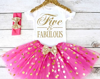 Five and Fabulous. Girls Birthday Outfit. Tutu Set. Girl's 5th Birthday Tutu Outfit. Birthday Outfit Girl. Girl Outfit S6 5BD (HOTP)