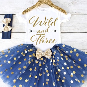 Wild and Three. CUSTOM AGE. Girls Birthday Outfit. Birthday Shirt. Birthday Tutu Outfit. Birthday Outfit Girl. 3rd birthday S3 3BD (NAVY)