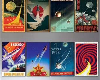 Vintage Sputnik Atomic retro soviet space race poster fridge magnets set of 8