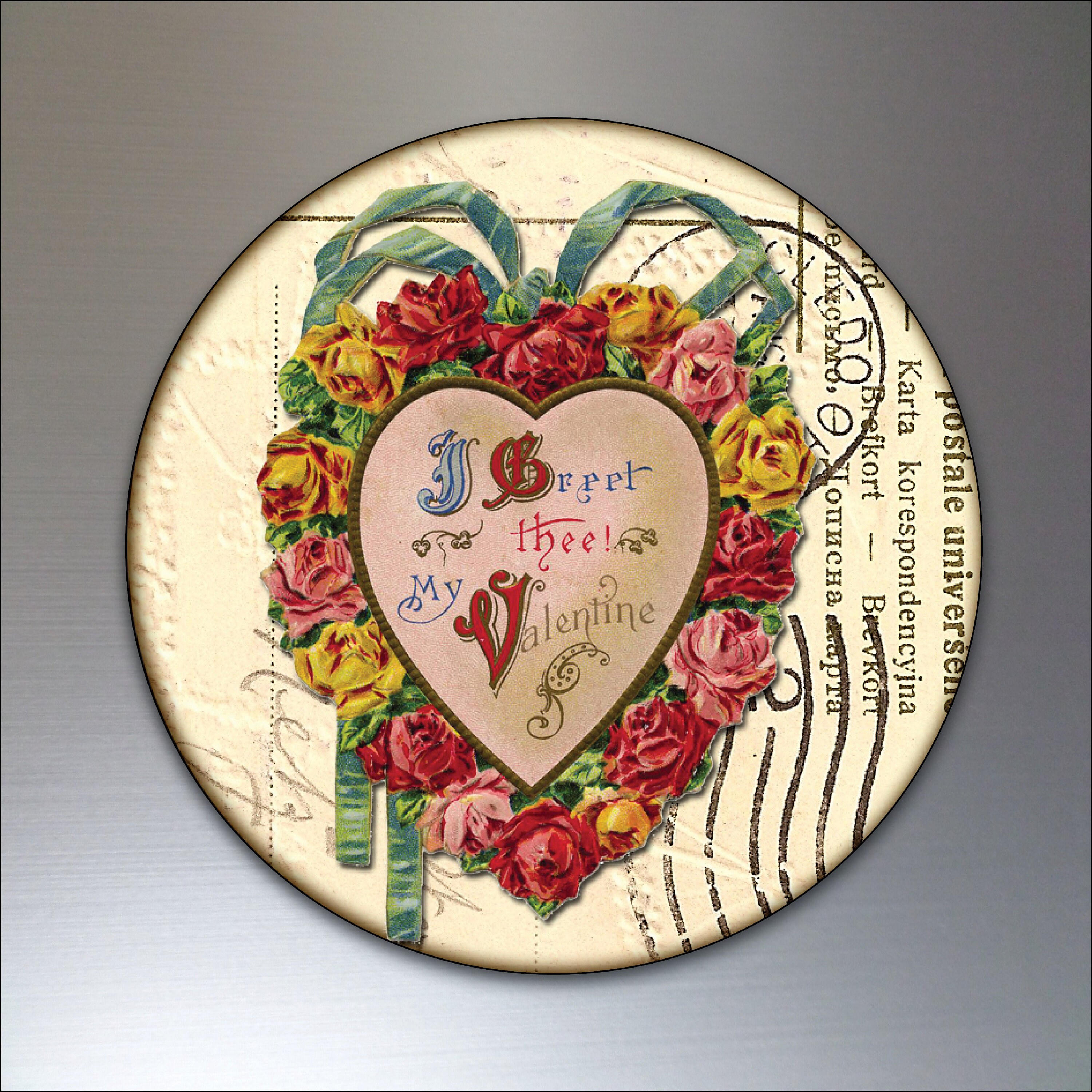 fridge magnets Valentines vintage Victorian love postcards round large set of 6 