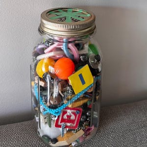 Vintage Trinket & Memorabilia Mystery Lot in Antique Glass Ball Mason Jar