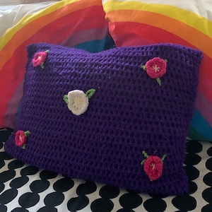 Vintage Handmade Crocheted Purple Pillow with Flowers, Rectangular Throw Pillow