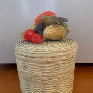 Vintage Heirloom Lefton Basket Weave Vegetable Kitchen Ceramic Decorative Canister / Country Kitchen Lidded Coffee Tea Canister