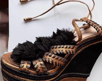 Vintage Marchesa Voyage Wedge Shoes, Black & Gold Couture Braided Wedges, Women's Size 9