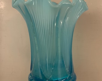 Vintage Blue Glass Vase, Jefferson Swung Rippled Hombre Vase
