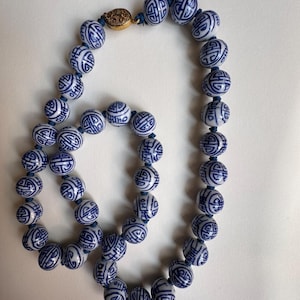 Vintage Chinese Blue & White Hand-Painted Porcelain Stringed Bead Necklace / Antique Jewelry