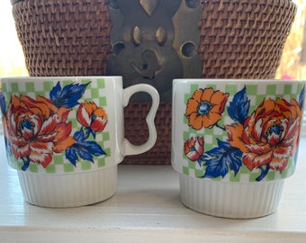 Vintage 1980s Stackable Ceramic Coffee Cups - Set of 4 Floral Japanese Checkered and Floral Design - Tea Cups with Handles