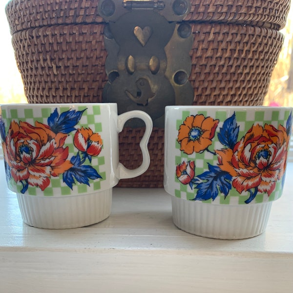 Vintage 1980s Stackable Ceramic Coffee Cups - Set of 4 Floral Japanese Checkered and Floral Design - Tea Cups with Handles