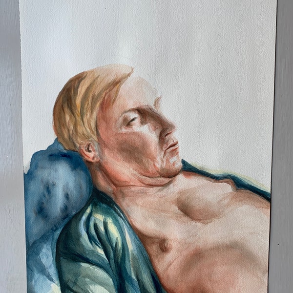 Vintage Watercolor Original Portrait Painting on Paper — Unframed Sleeping Male Study Model