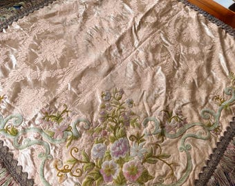 Vintage Italian Satin Damask Coverlet or Tablecloth with Brocade Jacquard, and Fringed Edges: Beige, Pink and Green Floral Embroidery