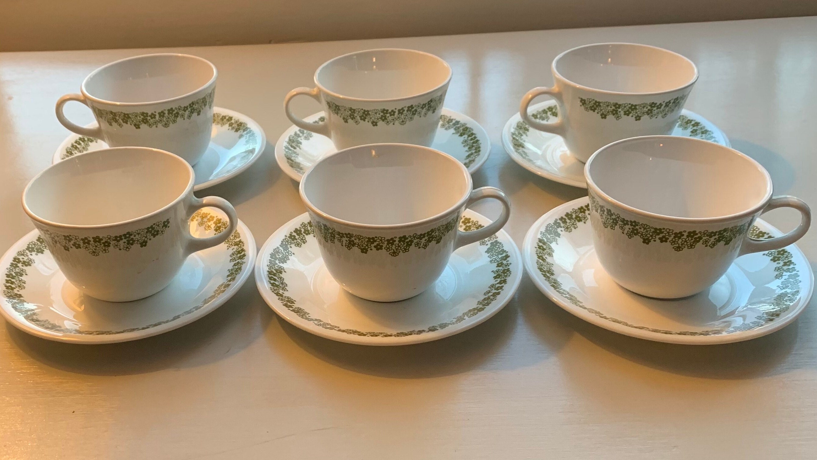 Vintage Corelle 6 Coffee Cup Set With Handles Green Daisy Diner Cup Saucers Spring Blossom Pattern Unbreakable Tea Cups and Saucers Etsy