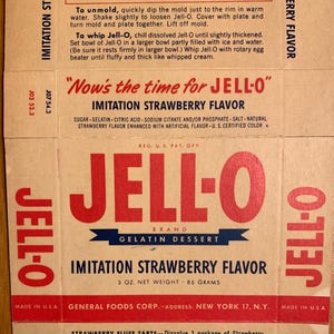 Vintage Jell-O Strawberry Gelatin Dessert Box / Never Used Original Antique 1950s/1960s General Foods Advertising