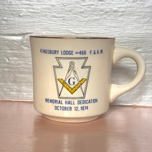 Vintage 1970s Masonic Coffee Cup / Kingsbury Lodge Men’s Society / Masonic Temple Ceramic Mug with Handle / Memorial Hall Dedication