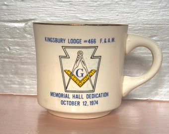 Vintage 1970s Masonic Coffee Cup Gift / Kingsbury Lodge Men’s Society Ceramic Mug/ Masonic Temple Mug with Handle / Memorial Hall Dedication
