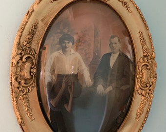 Sepia 19th Century Antique Hand-Colored 1800s Original Portrait Photograph- Oval Couple Photo in Glass with Gold-colored Frame