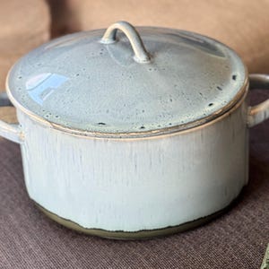 May include: A light blue ceramic cooking pot with a matching lid. The pot has two side handles and a loop handle on the lid. The pot has a textured surface and a dark brown base.