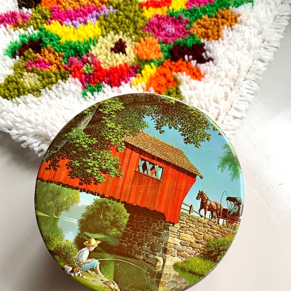 Vintage Cookie Biscuit Tin Canister / Holiday Metal Tin / 1950s Fruitcake Tin with Lid / Covered Bridge and Horse / Kitchen Cabin Decor