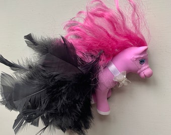 Vintage 80s Horse Toy: Pink Flying Pony with Black Feathers