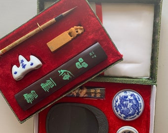 Vintage Chinese Calligraphy Writing Set in Green Silk Box
