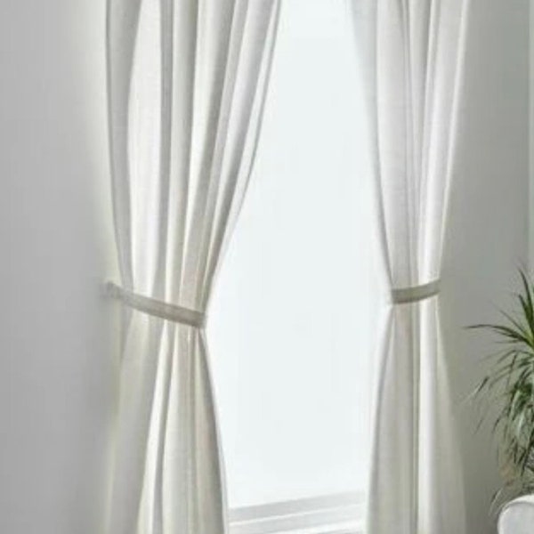 IKEA White Lenda Drapes New Package / Pair Off-White Tabbed Window Curtain Panels 55” x 118” with Tiebacks / Farmhouse Window Draperies