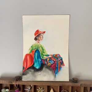 Vintage 1980s/1990s Unframed Original Watercolor Colorful Painting of Female Portrait Study on Paper