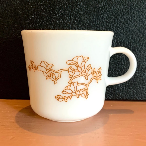 Vintage Corningware White Milk Glass Cup / Japanese Cherry Blossom Flowers Coffee Mug with Handle /Brown Floral Branch Pattern