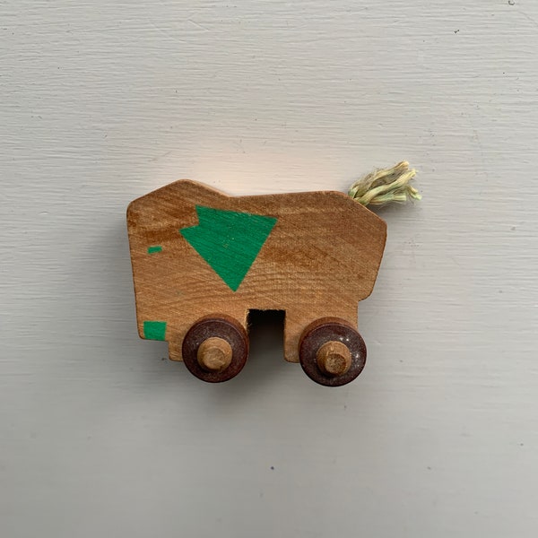 Vintage Primitive Wooden Painted Elephant Rolling Toy with Wheels and Tail / Made in USA 1950s / Rustic Schoolhouse Waldorf-Style Toy