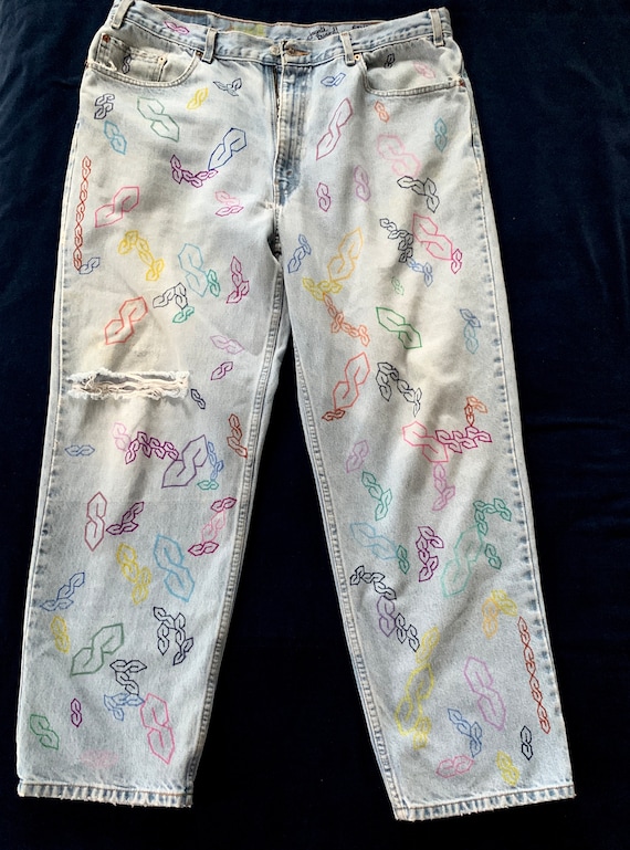 Vintage Relaxed Fit Levis 550 Jeans (40” x 30”), 1990s Hand-Painted Denim