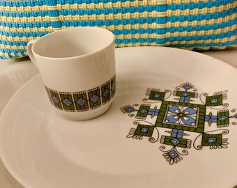 Vintage Espana Mid-Century Ceramic Tea Cup and Snack Plate Set, Geometric Floral Design