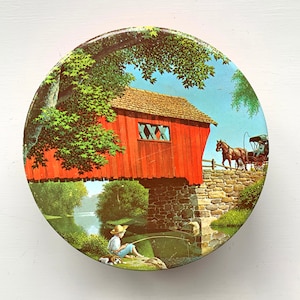 Vintage 1950s Cookie or Fruitcake Metal Tin Canister with Lid / Covered Bridge / Kitchen Storage & Decor for Country House
