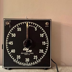 May include: Black square timer with a white dial and numbers. The timer reads "GRA-LAB UNIVERSAL TIMER" and "MODEL 166". The dial has a black knob and a long, thin hand. The timer has an outlet plug and an on/off switch.