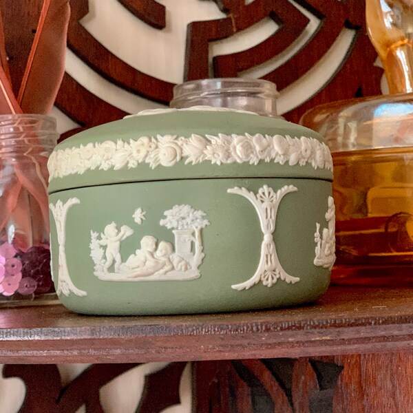 Vintage Sage Green Jasperware Lidded Wedgwood China / Embossed Greek Neoclassical Trinket Box / Kidney-Shaped Keepsake Jewelry Box with Lid