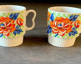 Juego de 4 tazas de café apilables de cerámica con motivos florales, estilo japonés vintage de los años 80
