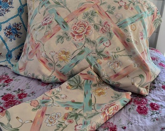 Vintage 1990s Pastel Floral Set of 2 Pillowcases / Cannon Royal Family Percale Bedding / Queen-sized Pillowcases with Stripes & Flowers