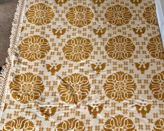 Vintage 1950s Yellow & White Chenille Bates Eagle Double-Sized Bedspread