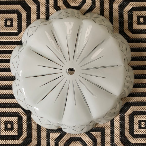 Vintage Mid-Century Ceiling Light Fixture, Vintage Frosted Etched Glass 1950s Round Light Fixture with Scalloped Edges 14”