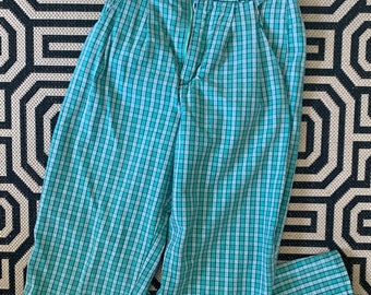 Vintage 1980s 100% Cotton Esprit 1989 Green Plaid Wide Leg Tapered Pants with Pockets Girls Unisex Teen Size 13