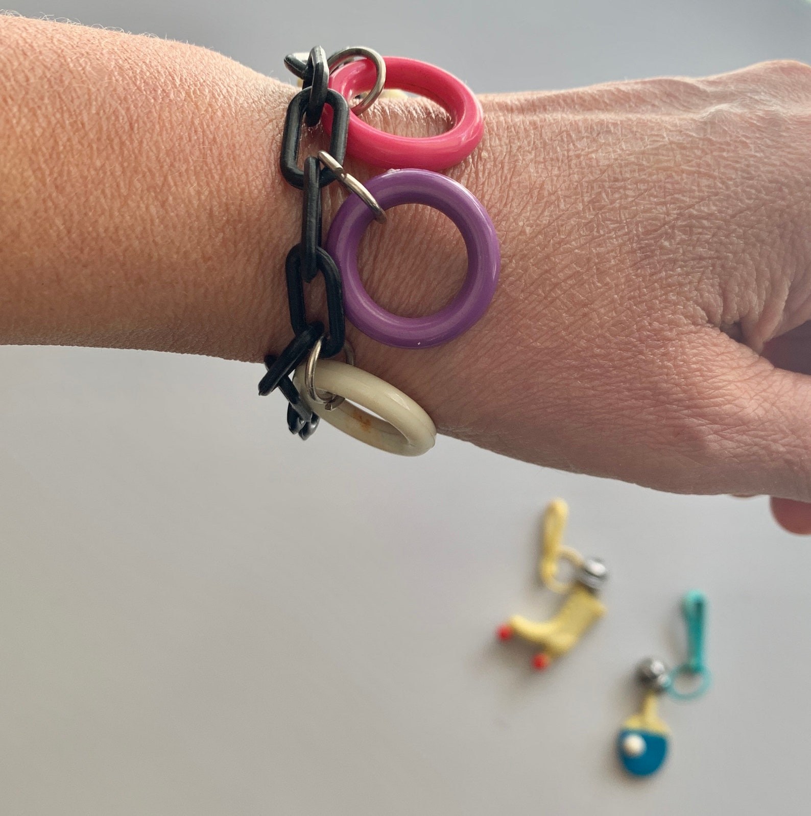 Plastic 80s Bell Charm Bracelet Vintage Charms Rollerskate Etsy